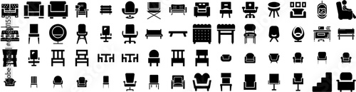 Set Of Chair Icons Isolated Silhouette Solid Icon With Interior, Design, Chair, Armchair, Seat, Isolated, Furniture Infographic Simple Vector Illustration Logo