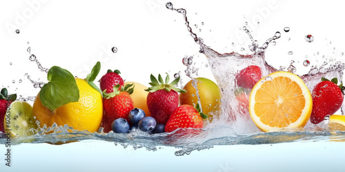Fresh fruits splashing into clear water