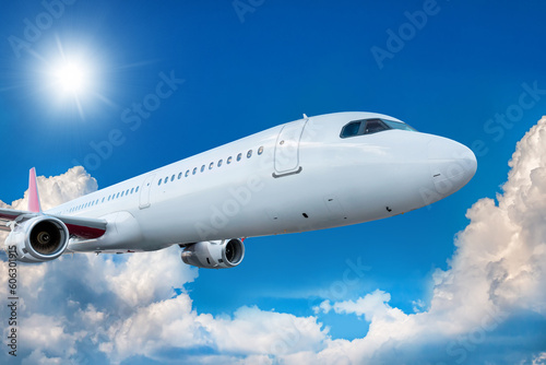 Close-up white passenger airliner fly in the air above picturesque clouds