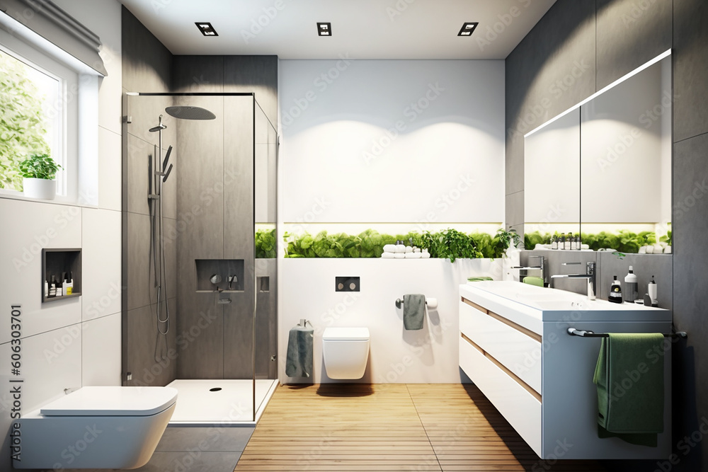 Fototapeta premium Luxury modern bathroom interior design with glass walk-in shower - Created with generative AI tools