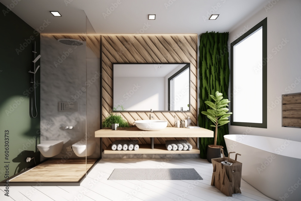 Fototapeta premium Luxury modern bathroom interior design with glass walk-in shower - Created with generative AI tools