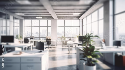 Office interior in the morning, bright workplace with cityscape, background for business presentation, generative AI