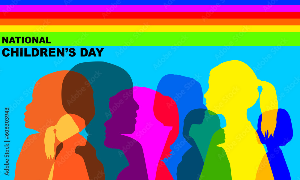 colorful silhouettes of boys and girls with rainbow frames and bold text commemorating National Children's Day On June
