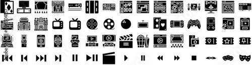 Set Of Entertainment Icons Isolated Silhouette Solid Icon With Illustration, Entertainment, Cinema, Video, Music, Theater, Icon Infographic Simple Vector Illustration Logo