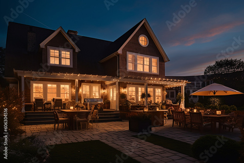 Beautiful Hampton Style Luxury House Home Building with Lamp Light at Night © heartiny