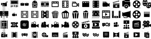 Set Of Cinema Icons Isolated Silhouette Solid Icon With Auditorium, Theater, Movie, Film, Popcorn, Cinema, Entertainment Infographic Simple Vector Illustration Logo