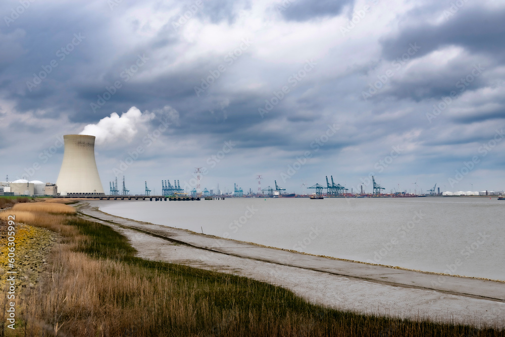 Cooling tower of a nuclear power plant in the neighbourhood of the port of Antwerp
