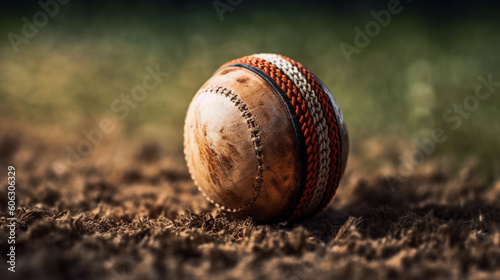 A close-up image of a traditional leather-bound cricket ball. generative AI