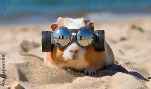 Cute guinea pig with sunglasses and earphone. AI generated.