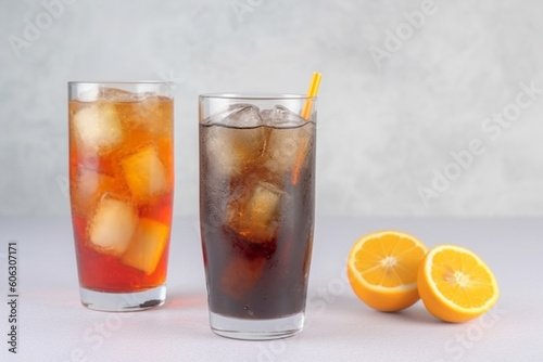 Glasses of cola and orange soda drink and lemonade sparkling water on white background with ice cubes