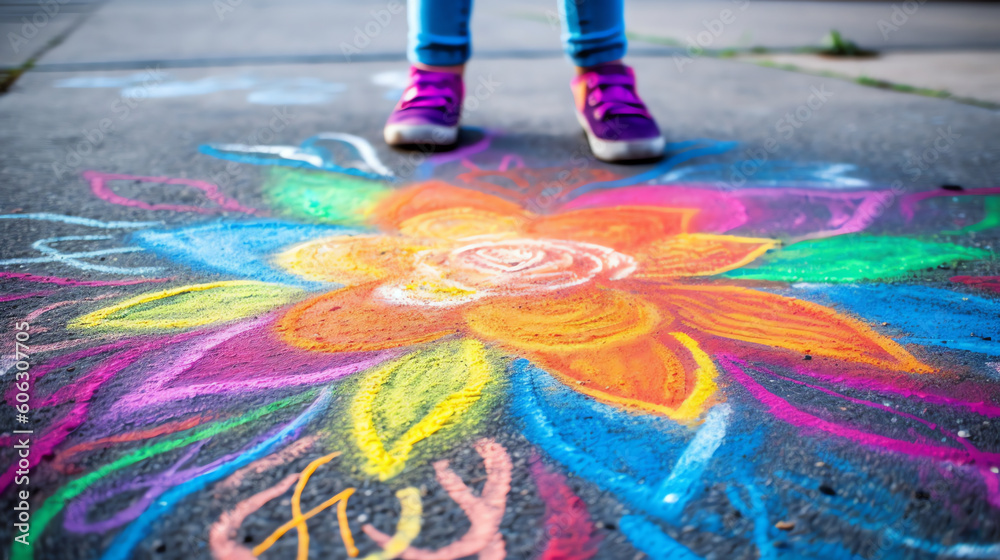 A dynamic image of a childs chalk artwork on a concrete. generative AI - obrazy, fototapety, plakaty 