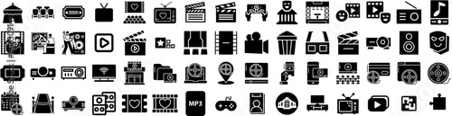 Set Of Entertainment Icons Isolated Silhouette Solid Icon With Illustration, Video, Theater, Cinema, Entertainment, Music, Icon Infographic Simple Vector Illustration Logo