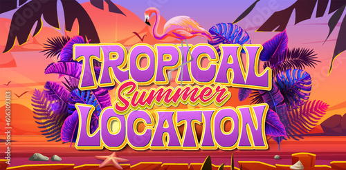 Summer vibes vector design. Summer vibes text in empty space with flamingo element in island background. Vector illustration summer template.