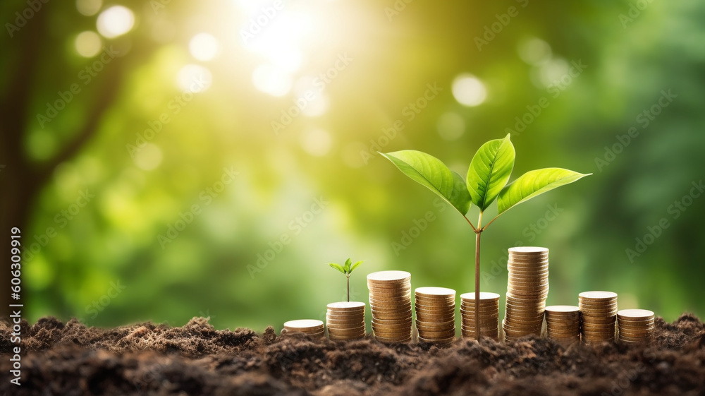 Investment growth background with small tree and stacks of coins