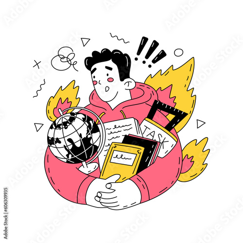 The concept of stress due to study. The guy is surrounded by a flame of fire, trying to hold a lot of objects related to the educational process. Vector illustration isolated on white background.
