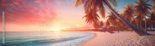 Paradise beach with palm trees and calm ocean at dawn or sunset. Panoramic banner of a peaceful landscape - Generative AI