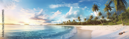 Paradise beach with palm trees and calm ocean at dawn. Panoramic banner of a peaceful landscape - Generative AI