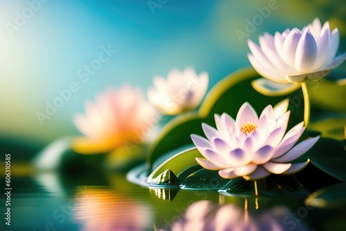 Beautiful waterlily flower close-up in the water on a blurred blue natural background. AI generated.