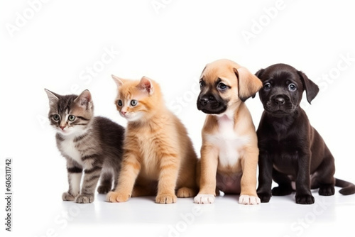 Kittens and puppies isolated on a white background,