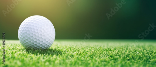 Golf ball on grass in fairway green background, Banner for advertising with copy space, Sport and athletic concept, copy space on left