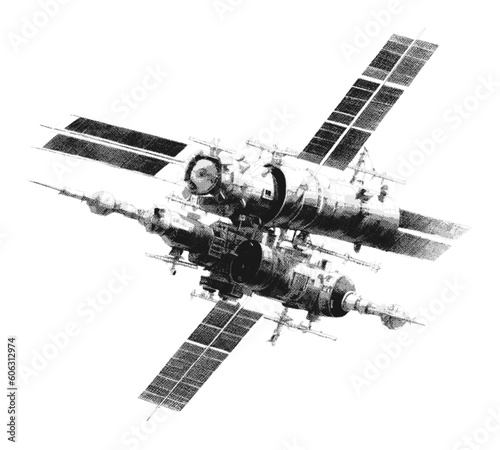 Fototapeta Naklejka Na Ścianę i Meble -  Hand drawn space station. Retro halftone collage element. Vector illustration of grunge art templates. Dotted pop art vintage style. 