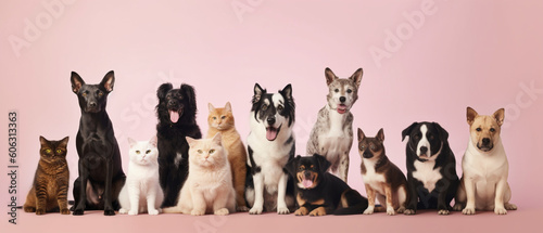 Large group of cats and dogs looking at the camera with pastel background  copy space on left photo