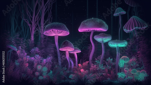 Mushroom jungle with violet neon glow