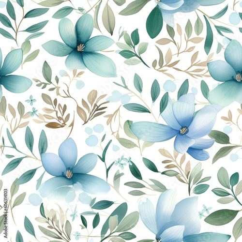 Seamless pattern with blue flowers. Watercolor flowers  leaves. Elegant endless botanical  AI Illustration  wallpaper  background. Repeat fashion  print  for fabric  clothes.   