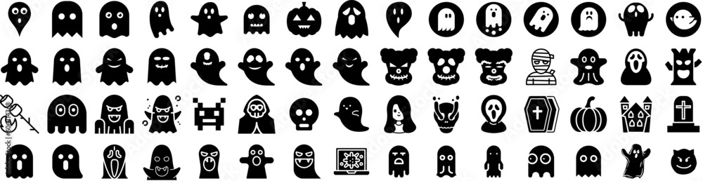 Set Of Ghost Icons Isolated Silhouette Solid Icon With White, Spooky, Fear, Horror, Ghost, Halloween, Scary Infographic Simple Vector Illustration Logo Set Of Ghost Icons Isolated Silhouette Solid Icon With White, Spooky, Fear, Horror, Ghost, Halloween, Scary Infographic Simple Vector Illustration Logo