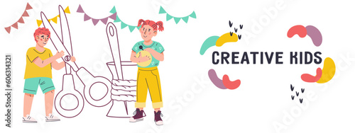 Kids art education, creativity and craft classes banner design with children characters, flat vector illustration. Drawing and art, crafts workshops for kids.