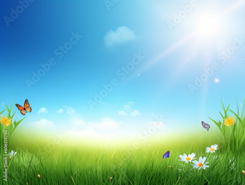 Nature spring background with blue sky and sunlight