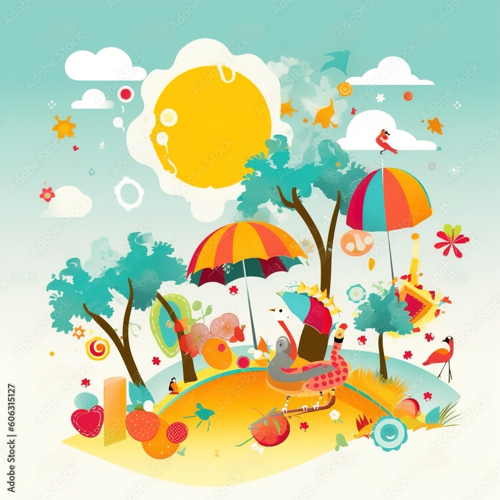 Fototapeta premium Summer time vector banner design, colorful beach elements in white background.