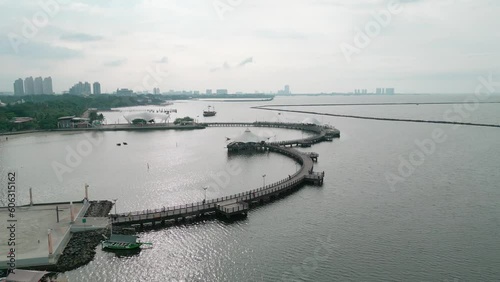 Aerial view of Atlantis Water Adventure and Le Bridge Ancol, Ancol Bay City, Ancol Dreamland. backlight view photo