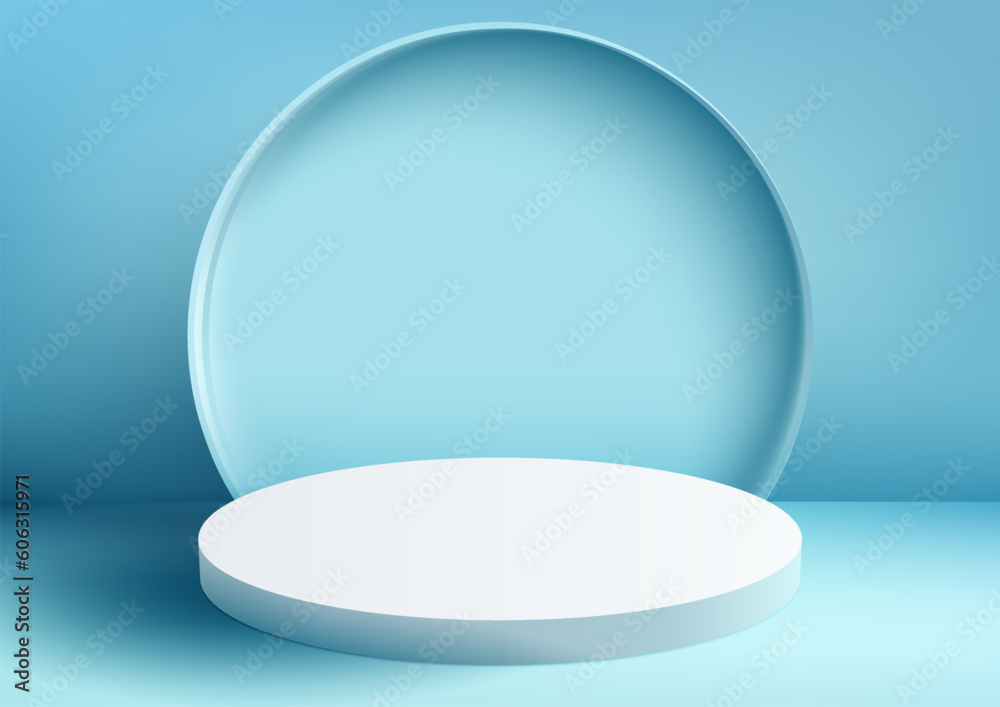 3D realistic modern minimal style empty white podium stand with blue circle backdrop on blue background 3D realistic modern minimal style empty white podium stand with blue circle backdrop on blue background