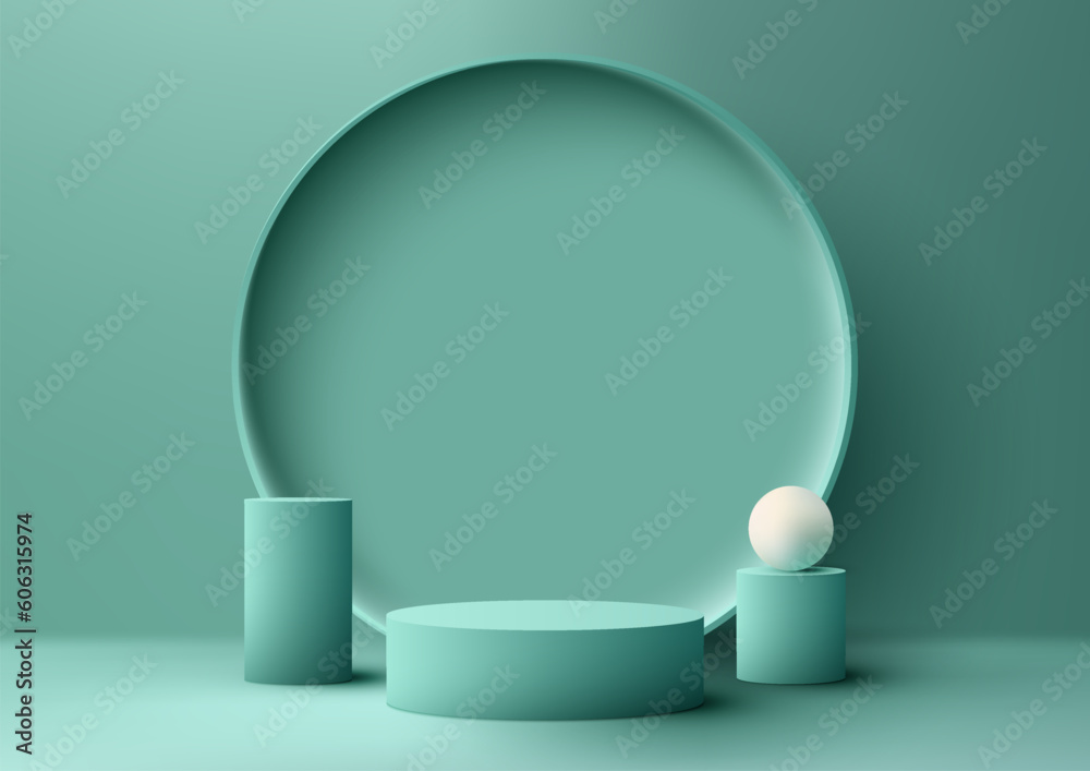 3D realistic empty green podium stand with circle backdrop decoration with geometric elements on green background 3D realistic empty green podium stand with circle backdrop decoration with geometric elements on green background