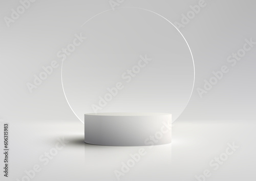 3D realistic modern luxury style white podium platform with transparent glass circle backdrop on white and gray background