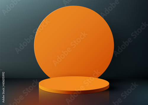 3D realistic modern style empty orange podium platform with circle backdrop on dark blue background