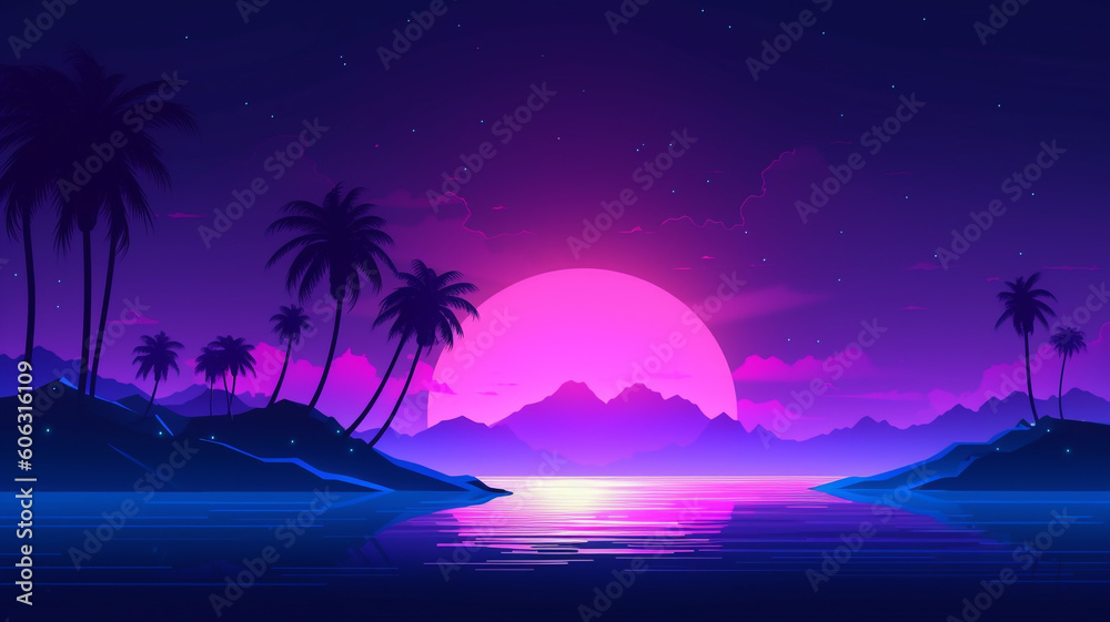 Night beach background with violet neon glow and moon