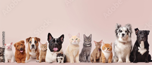 Large group of cats and dogs looking at the camera with pastel background copy space on left