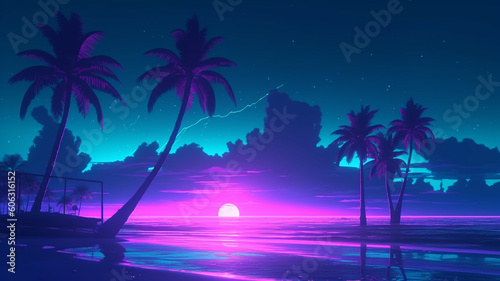 Night beach background with violet neon glow and moon © AhmadSoleh