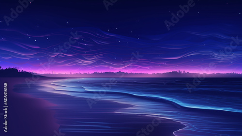 Night beach background with violet neon glow and moon