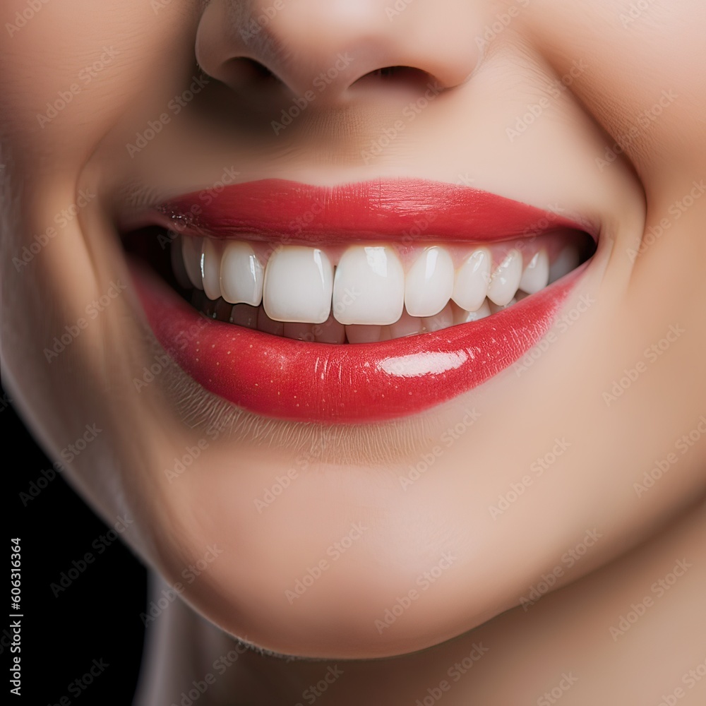 Obraz premium Close up cropped half face portrait of attractive, nude, natural, perfect, ideal girl with healthy white teeth isolated on beige background, perfection, wellness, wellbeing. Generative Ai.