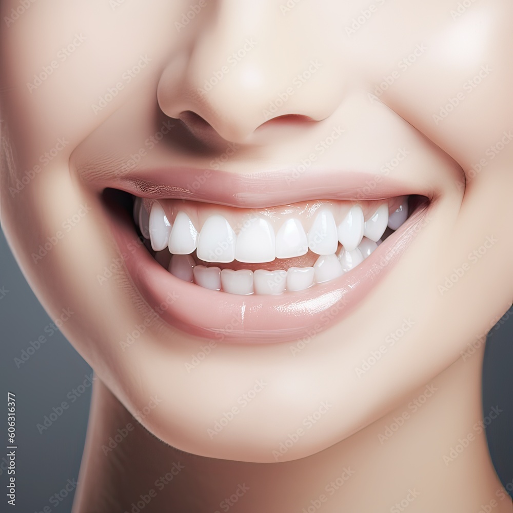 Close up cropped half face portrait of attractive, nude, natural, perfect, ideal girl with healthy white teeth isolated on beige background, perfection, wellness, wellbeing. Generative Ai. Close up cropped half face portrait of attractive, nude, natural, perfect, ideal girl with healthy white teeth isolated on beige background, perfection, wellness, wellbeing. Generative Ai.