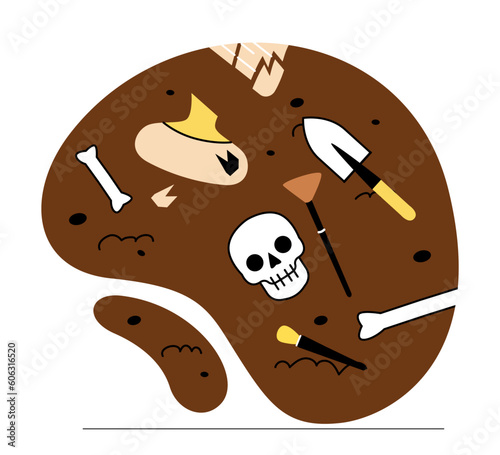 Archaeological excavation concept. Skulls and tools of archaeologists and explorers. History and paleontrology. Ancient human or dinosaur skull, fossil. Cartoon flat vector illustration
