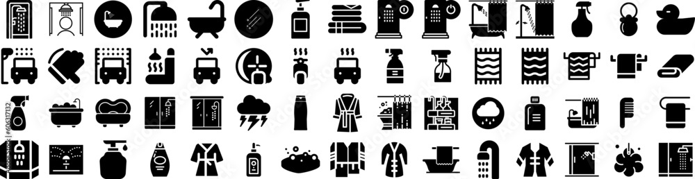 Set Of Shower Icons Isolated Silhouette Solid Icon With Hygiene, Background, Shower, Clean, Bathroom, Water, Home Infographic Simple Vector Illustration Logo