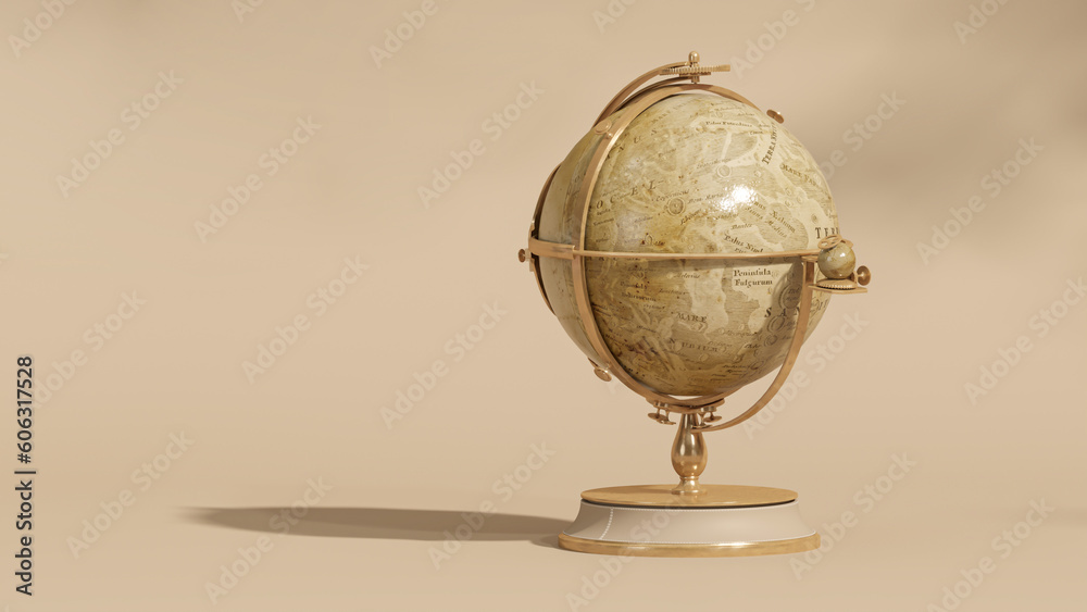 Planet Earth model with world map on base isolated on beige background. Golden World map. Earth Day. Travel Asia Africa America Europe, infographics concepts. 3d render Planet Earth model with world map on base isolated on beige background. Golden World map. Earth Day. Travel Asia Africa America Europe, infographics concepts. 3d render