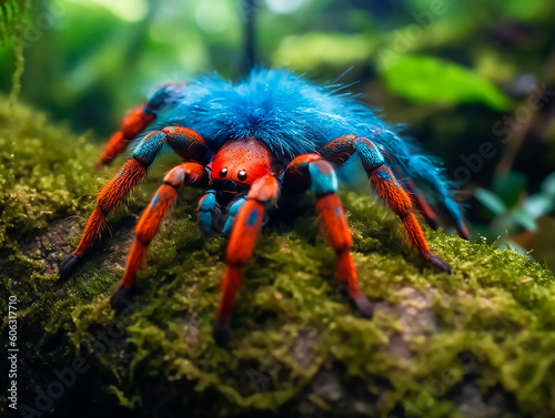Imagine a giant tarantula with bright colors and thick hair standing on the moss in the Amazon rainforest in the rainy season,Generative AI
