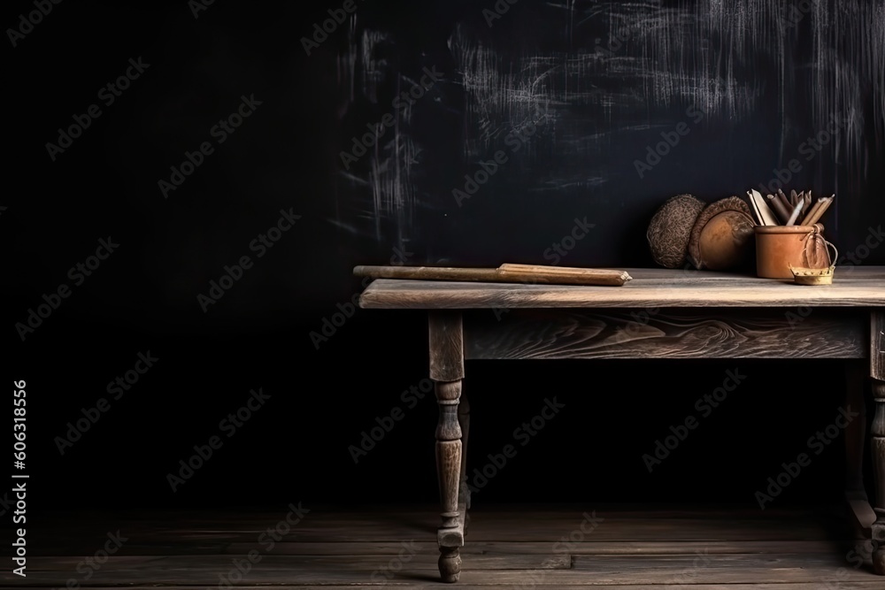 empty chalkboard on wooden table in front of blackboard empty chalkboard on wooden table in front of blackboard