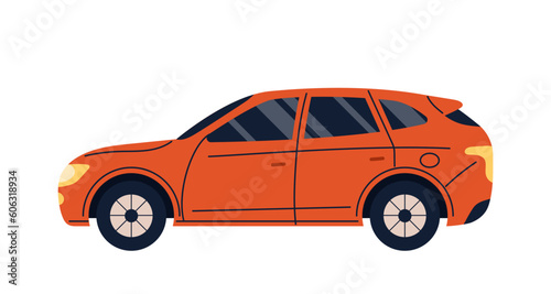 Red car concept. Automobile, vehicle and transport. Sticker for social networks and messengers. Travel and trip, tourism. Cartoon flat vector illustration isolated on white background