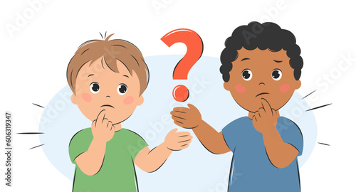 Children ponder the question. Cartoon characters boys for children design. Knowledge and education concept. Vector illustration